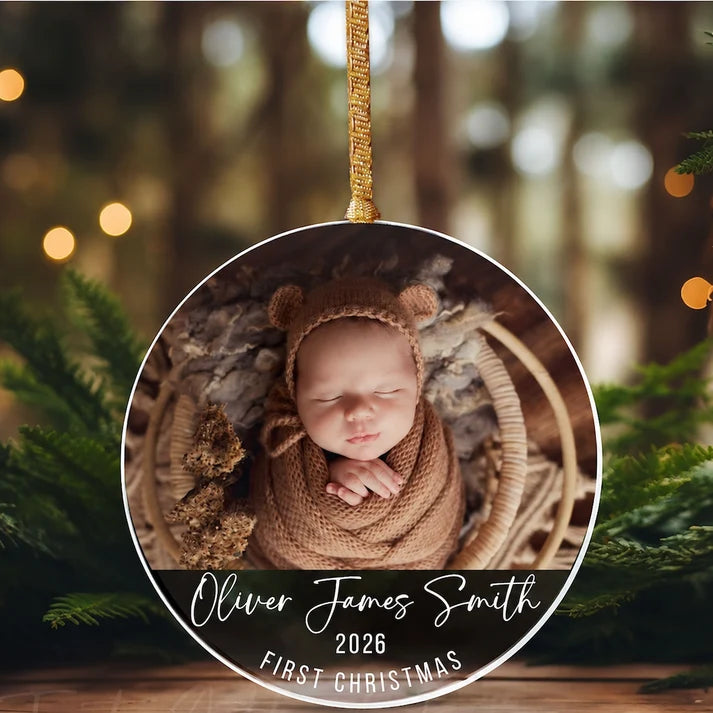 Personalized Baby's First Christmas Ornament, Custom Photo Circle Acrylic Christmas Tree Decoration