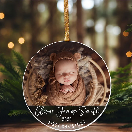 Personalized Baby's First Christmas Ornament, Custom Photo Circle Acrylic Christmas Tree Decoration