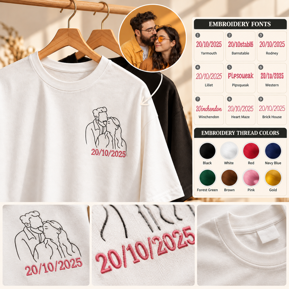 Personalized Embroidered Couple T-Shirt, Custom Line Art Portrait Shirt, Gift for Couples