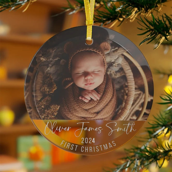 Personalized Baby's First Christmas Ornament, Custom Photo Circle Acrylic Christmas Tree Decoration