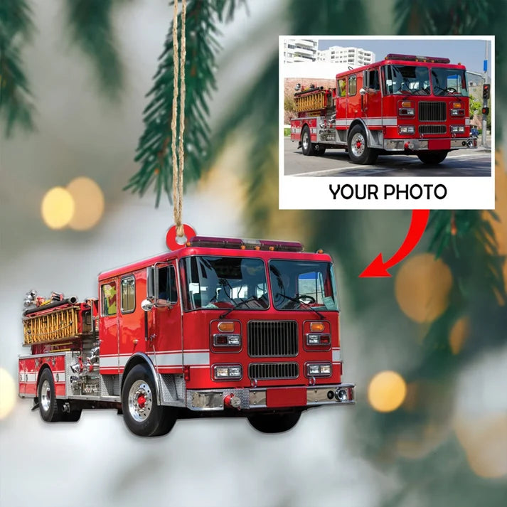 Personalized Fire Truck Christmas Ornament, Custom Photo Acrylic Gift for Firefighters and Paramedics