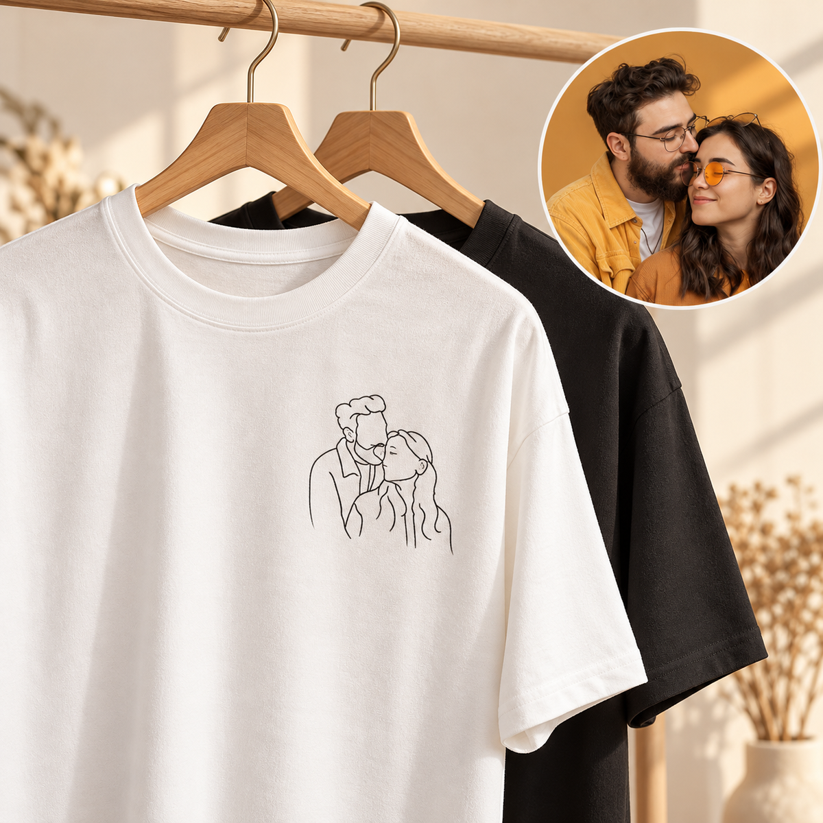 Personalized Embroidered Couple T-Shirt, Custom Line Art Portrait Shirt, Gift for Couples